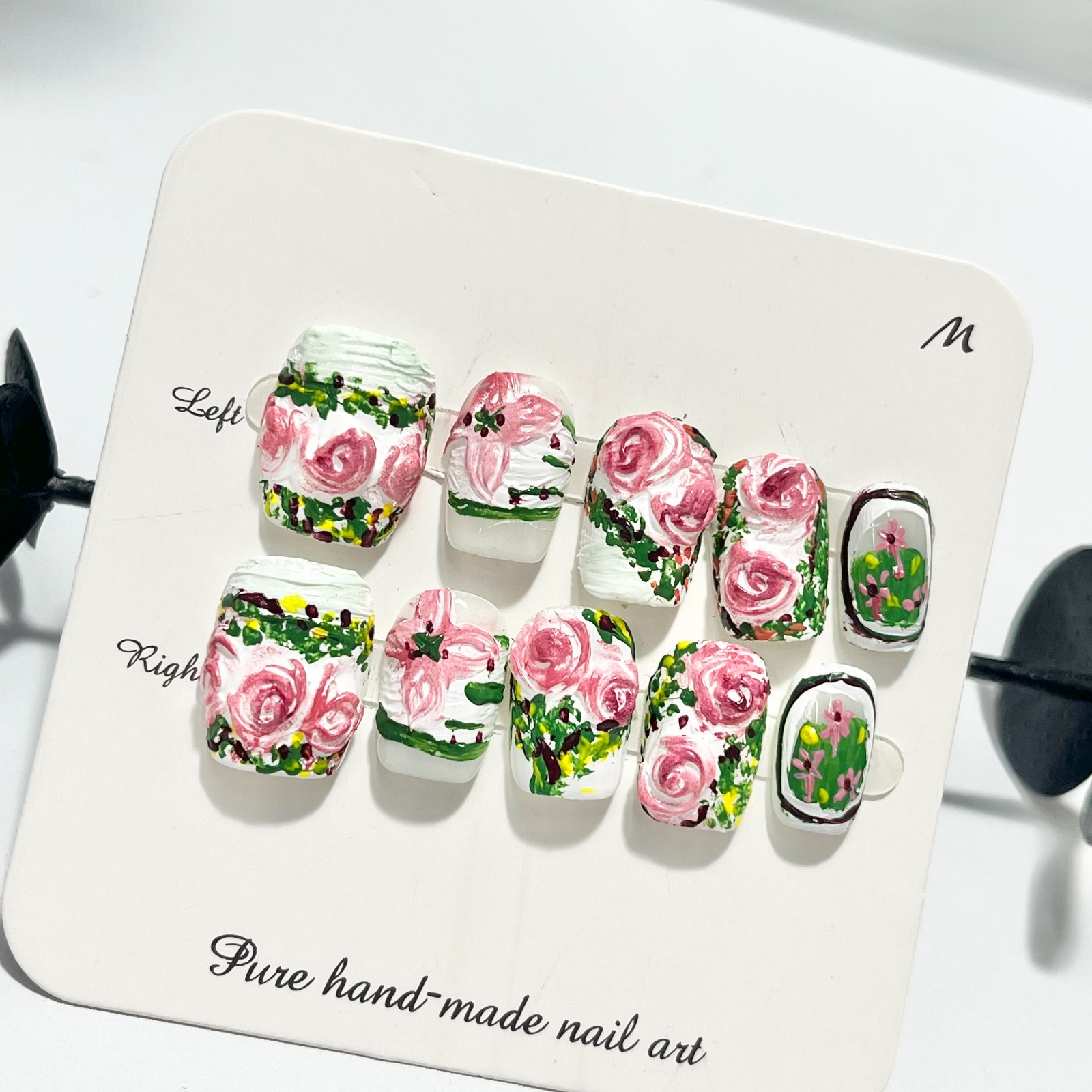 Hand Painted Pink Rose Press On Nails | 3D Textured Floral Fake Nails