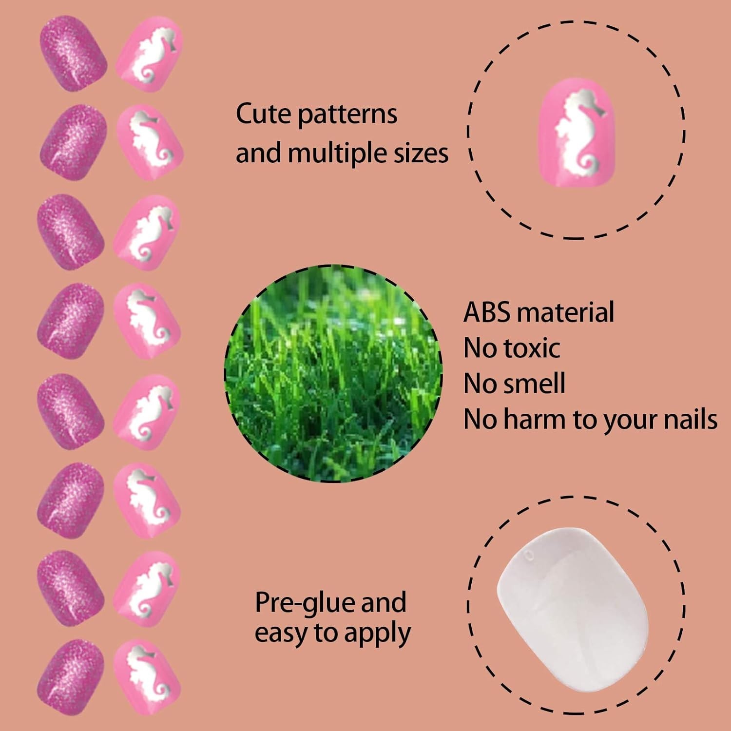 120Pcs 5 Pack Children Acrylic Fake Nails Press on Pre-glue Full Cover Glitte…