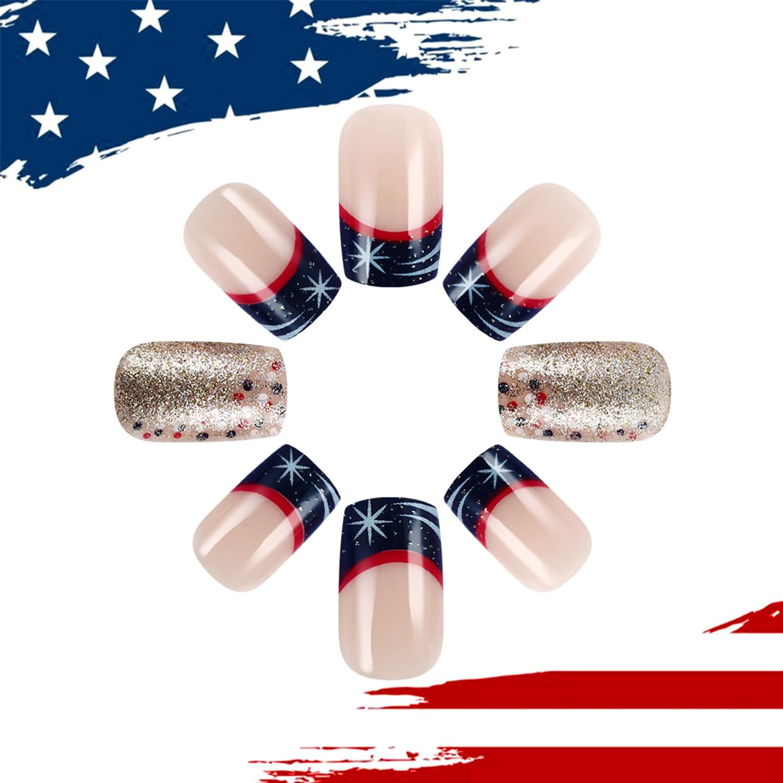 24Pcs 4th of July Press on Nails Short Square Independence Day Fake Nails wit…