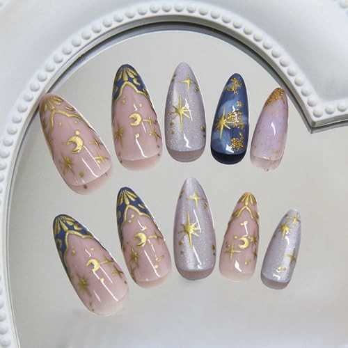 Short Almond Fake Nails – Gold Star Moon Sun Acrylic – Style 7