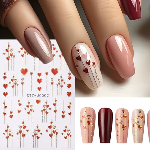 8pcs Mini Heart Nail Art Stickers with Golden Line, Valentine’s Day Romantic