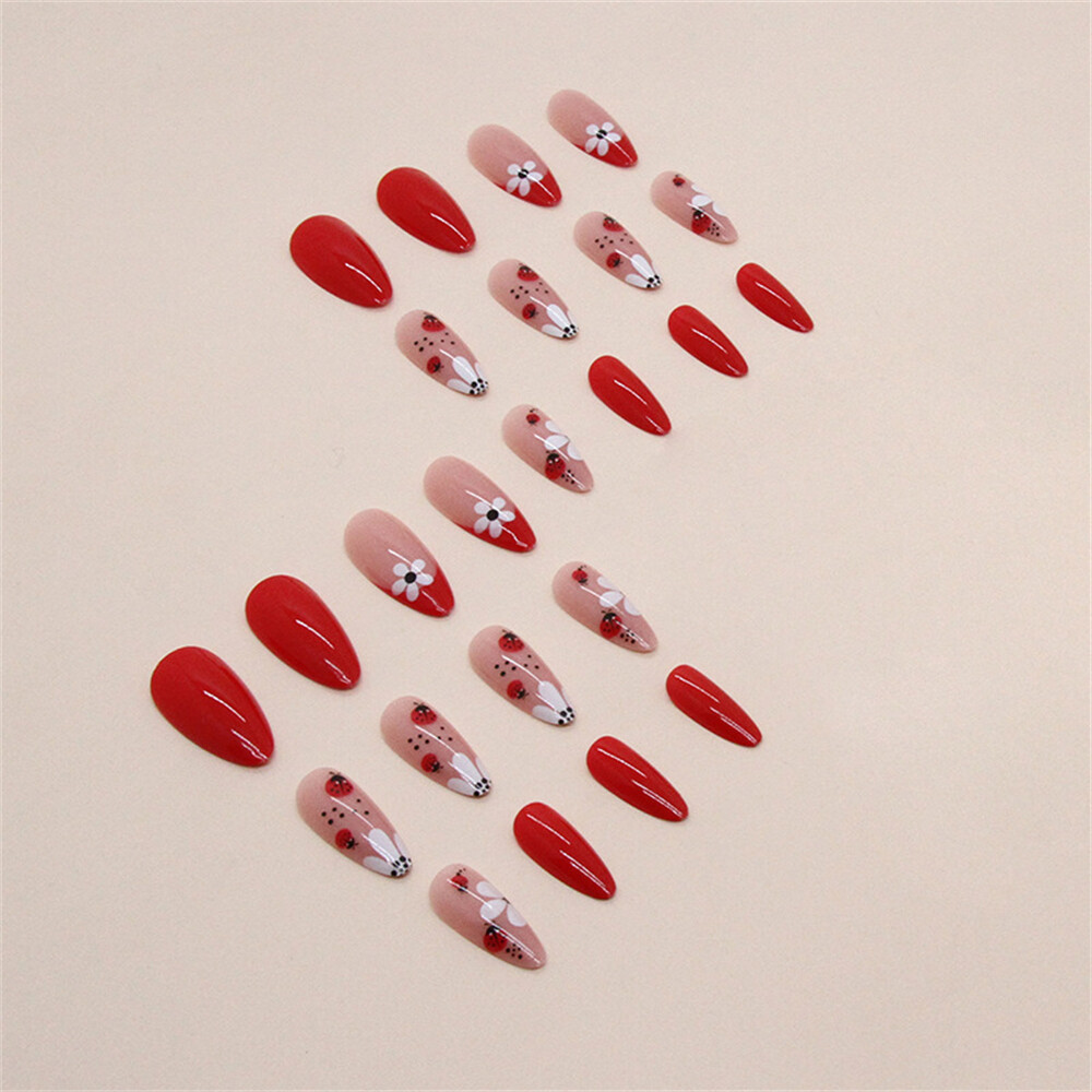 Cute Animal Flowers False Nail Short Almond Press on Nails for Nail Art 24pcs