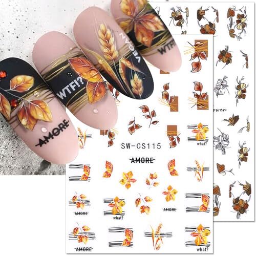 4 Sheets 3D Fall Nail Stickers,Autumn Leaf Flower Nail Art Stickers Fallen