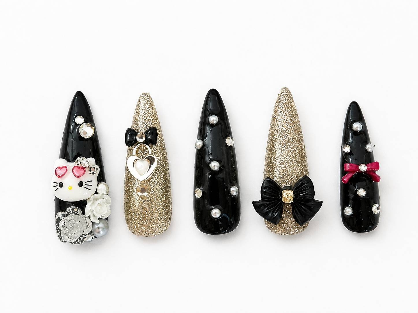 Japanese Handmade Black 3D Press On Nails Bow Pearl Nail Tips Kawaii 10PCS