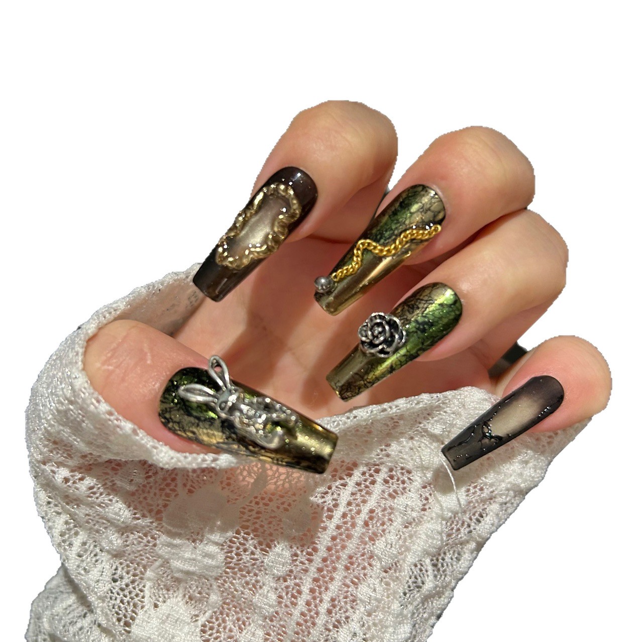Gothic Dark Spice Handmade Black Press On Nails Cat Eye Metal Design