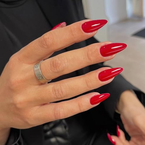 Light Red Press on Nails Medium Stiletto Almond, Glossy Press Glossy Vivid Red