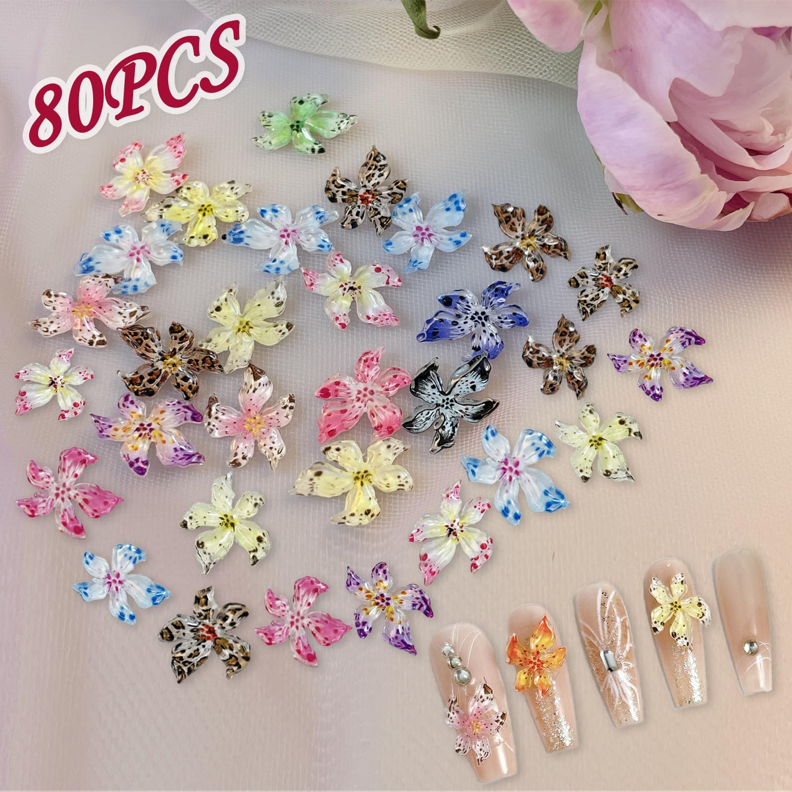 80PCS 3D Flower Nail Charms for Nail Art–Colorful Flower Charms for Nails, Em…