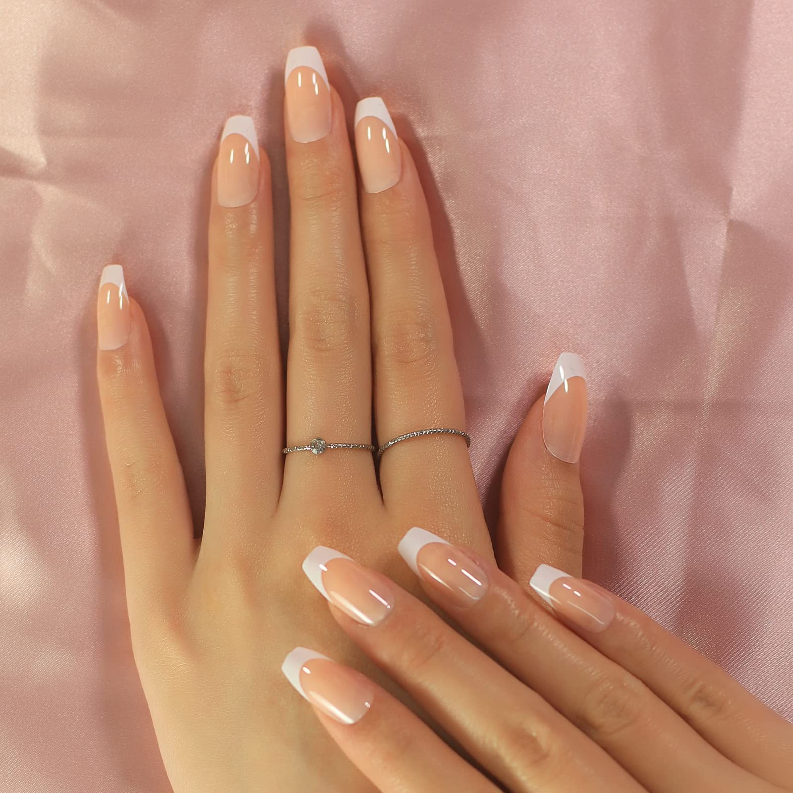 Natural French Tips, Glossy Clear Nude White Press on Nails False Nails, Beau…
