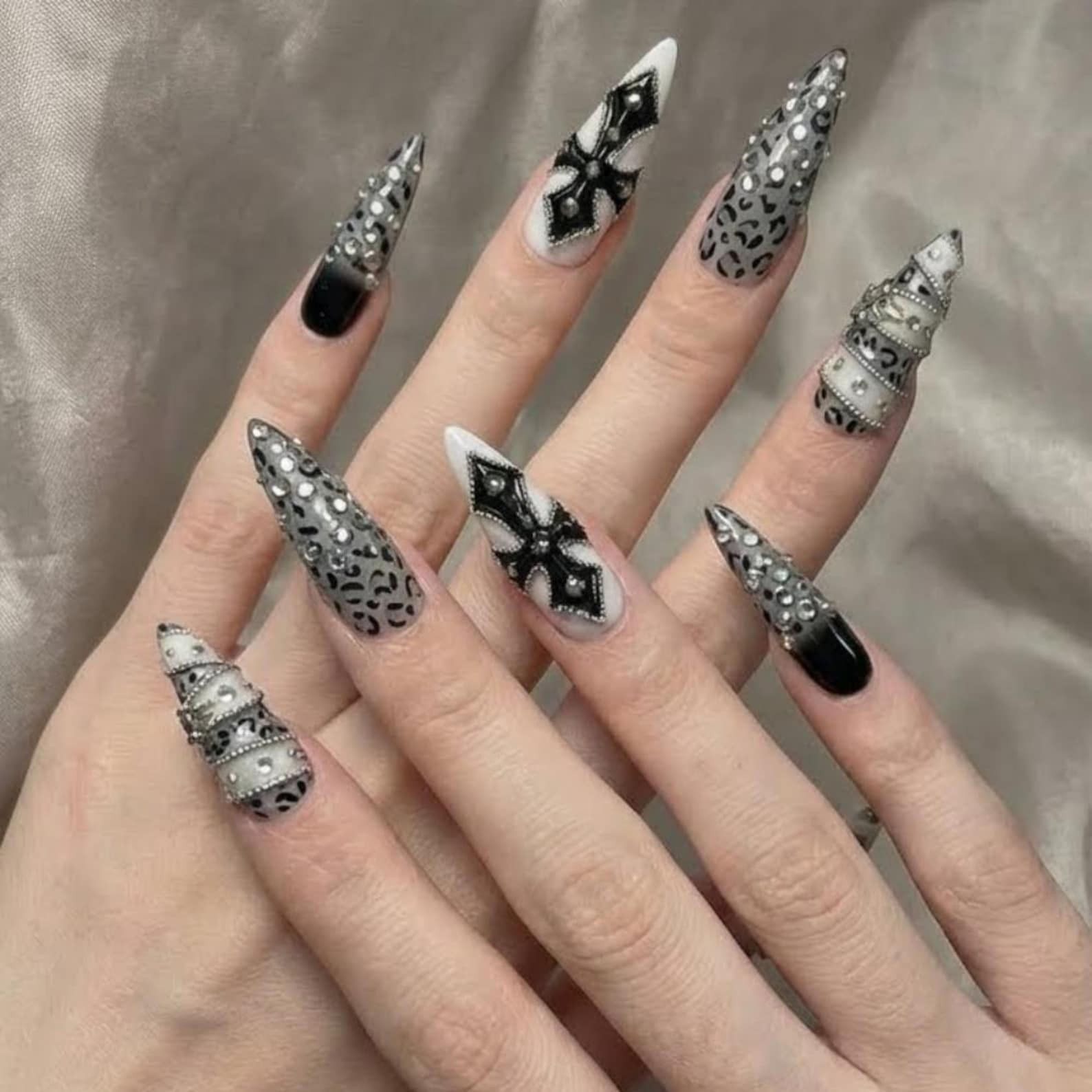 Handmade Black Leopard Cross Chain Rhinestone Long Stiletto Press on Nails