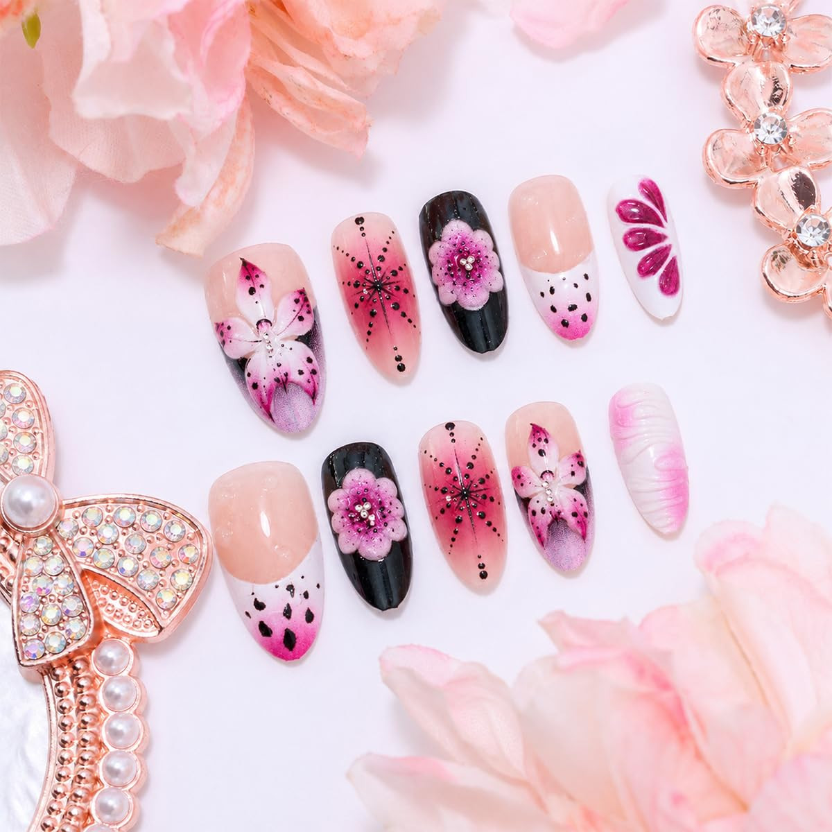 30Pcs 3D Flower Press on Nails Medium Almond Fake Nails Purple Pink Nude Gradien