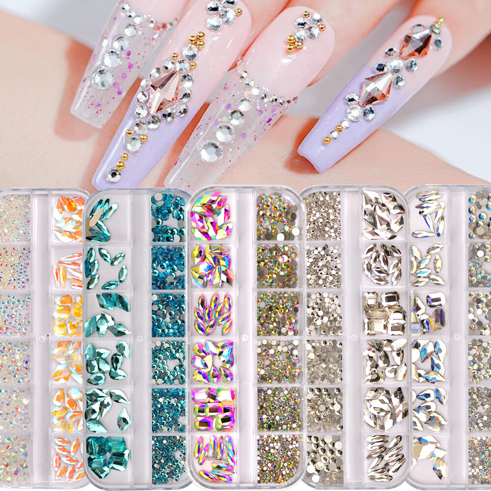 12Box/Set Mix SHAPE Crystal Rhinestone Diamond NON hotfix Nail Art Decoration