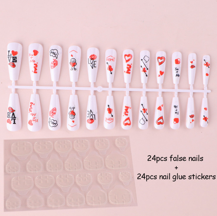 24PcsFake Nails Kit Set Love Valentine Nails Stiletto Ballerina Manicure Acrylic