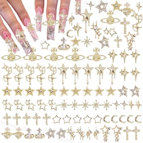 130 Pcs Alloy Gold Star Cross Nail Charms, 21 Styles 3D Y2K Metal S2-golden