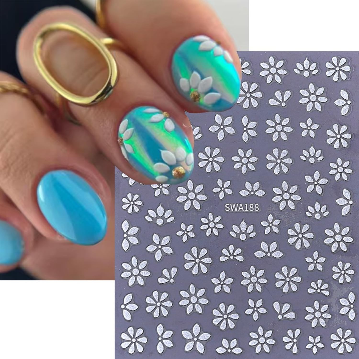 4 Sheets Flower Nail Stickers Spring Summer Floral Nail Decals 3D -Adhesive B…