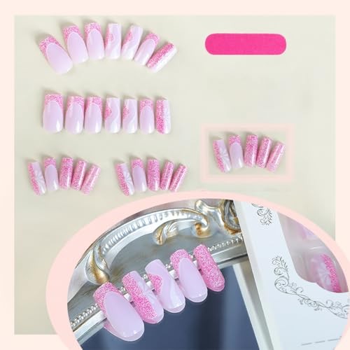 Square Press on Nails Medium Hot Pink Fake Nails Glitter Square Fake Nails-22
