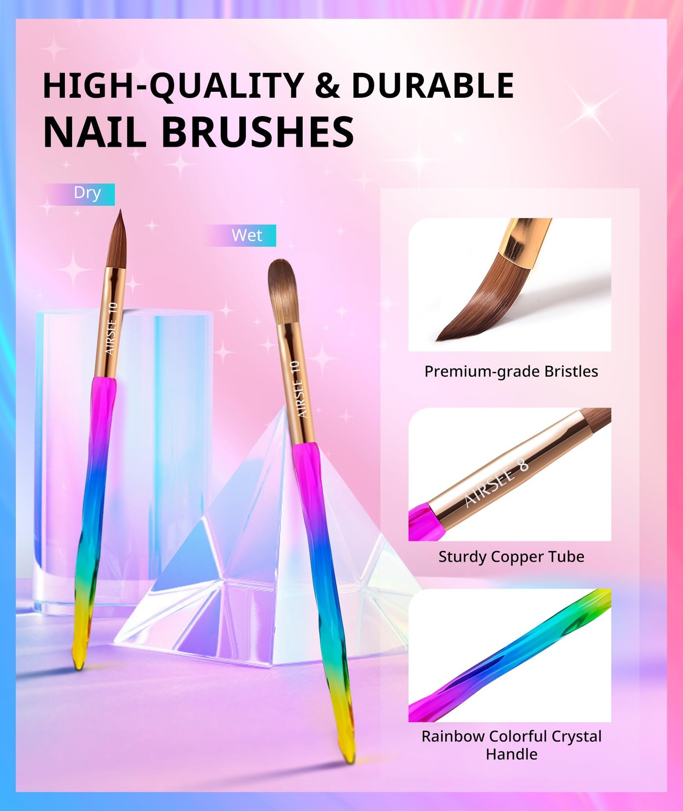 AIRSEE 3PCS Acrylic Nail Brush Set Size 8/10/14 Professional for Rainbow