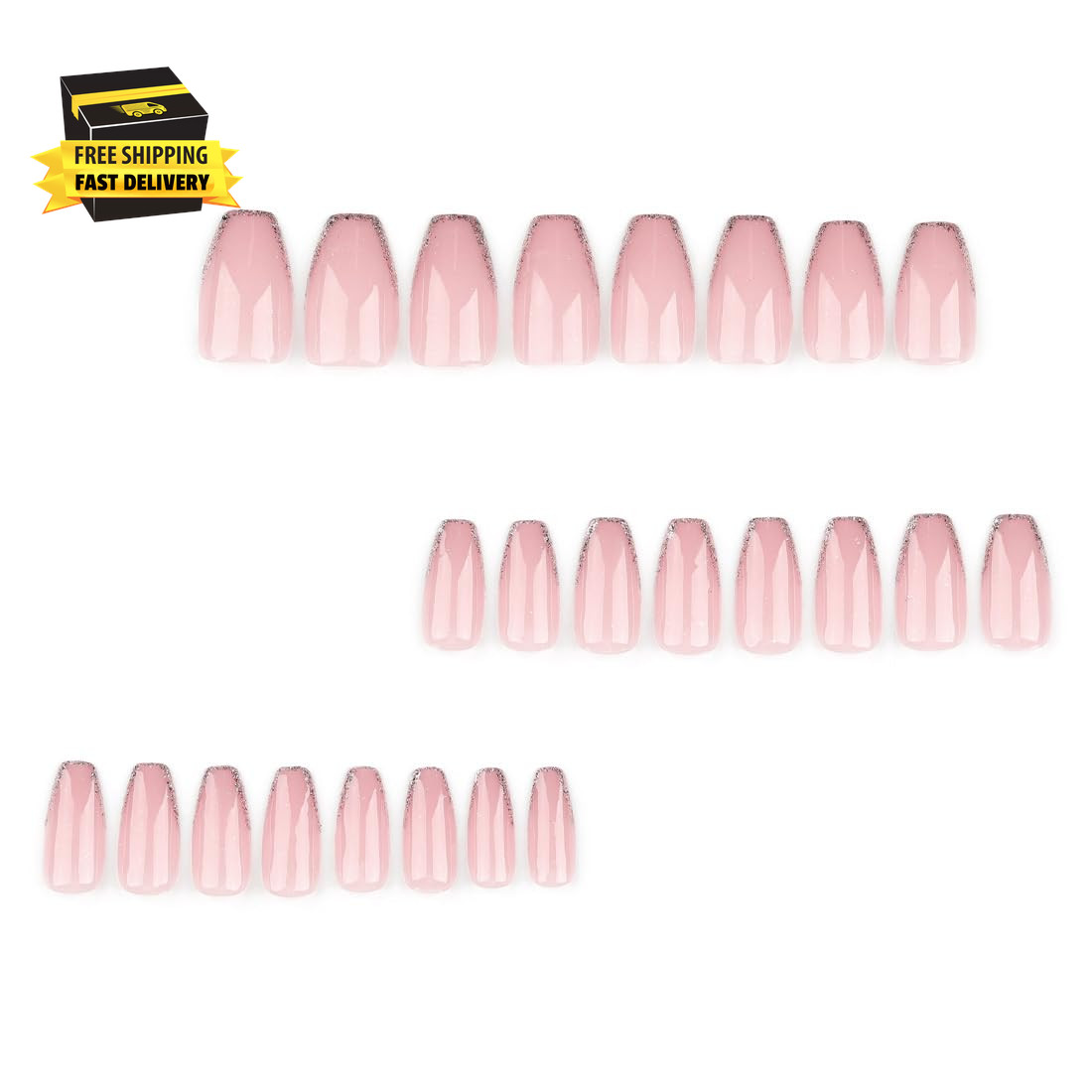 Coffin Press on Nails Pink Short Medium Bling Fake Nails with Designs Fantasy Ma