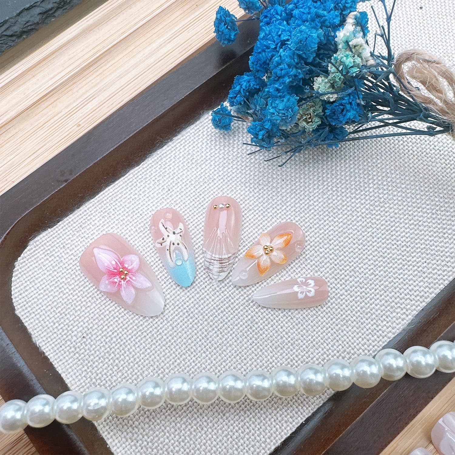FDSQHSA french tip almond nails 3d flower star