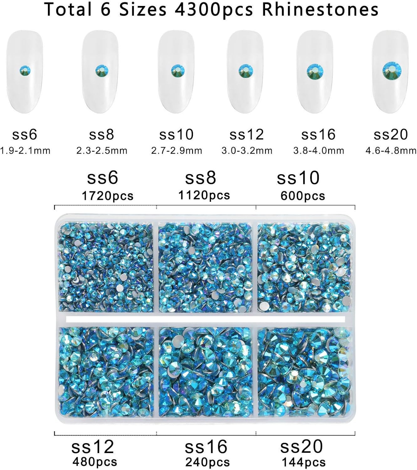4300pcs Flatback Rhinestones,Blue Rhinestone Nail Gems Round Crystal Rhinestones
