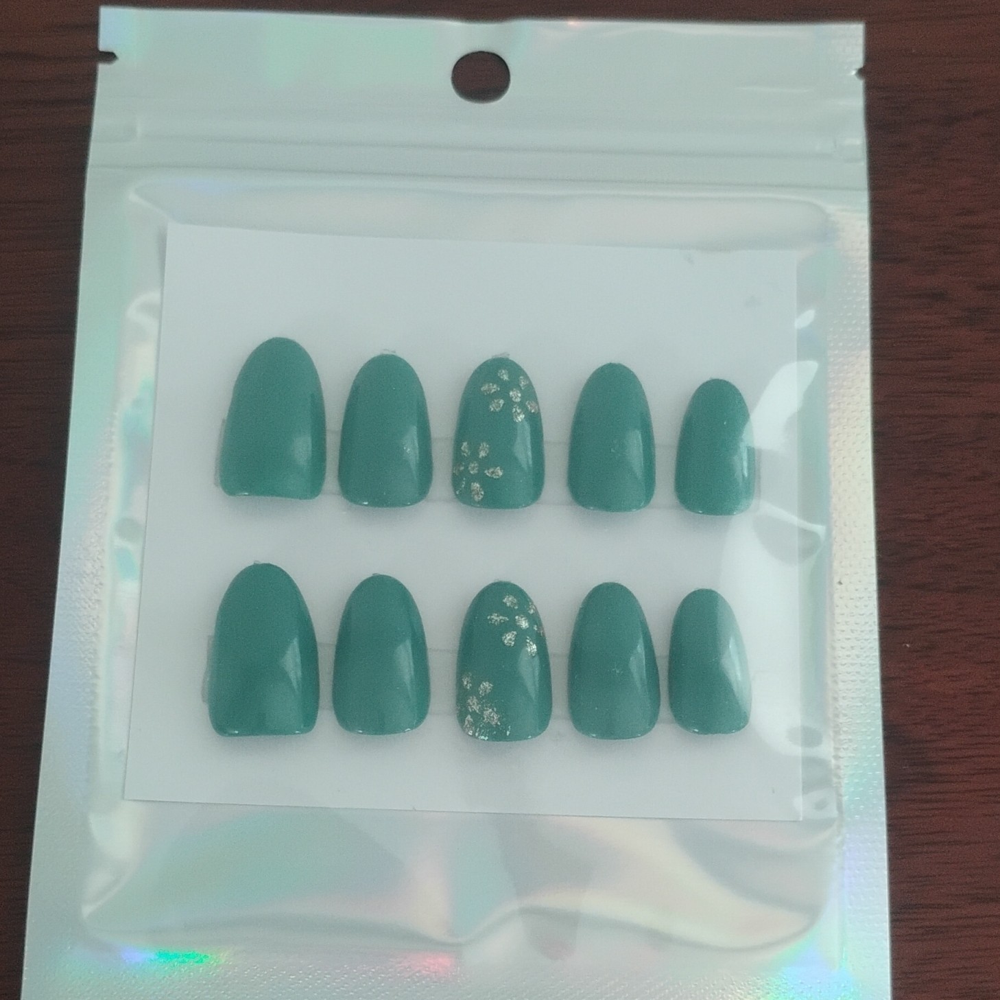 Hand Painted Green And Gold Sparkle Press-On Nails Nail Kit Included