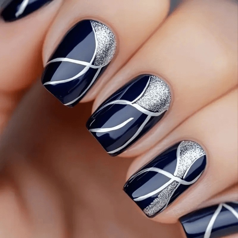 48 Pcs of Blue Silver Gray Blue Sparkling Fake Nails, Suitable for Women’s Nail