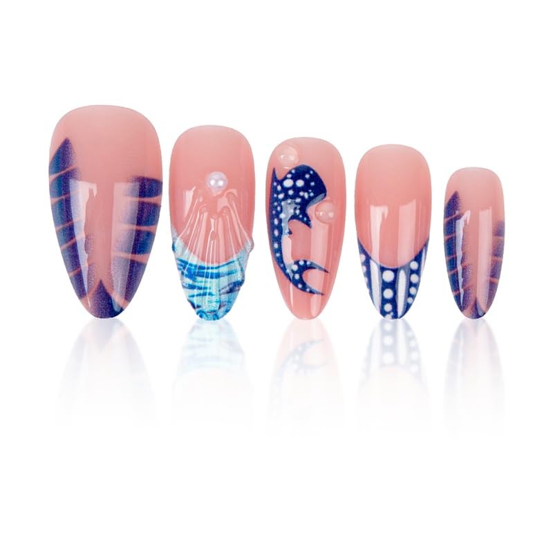 3D Wave Medium Press on Nails Almond Fake Blue | Spots Medium, Style-21