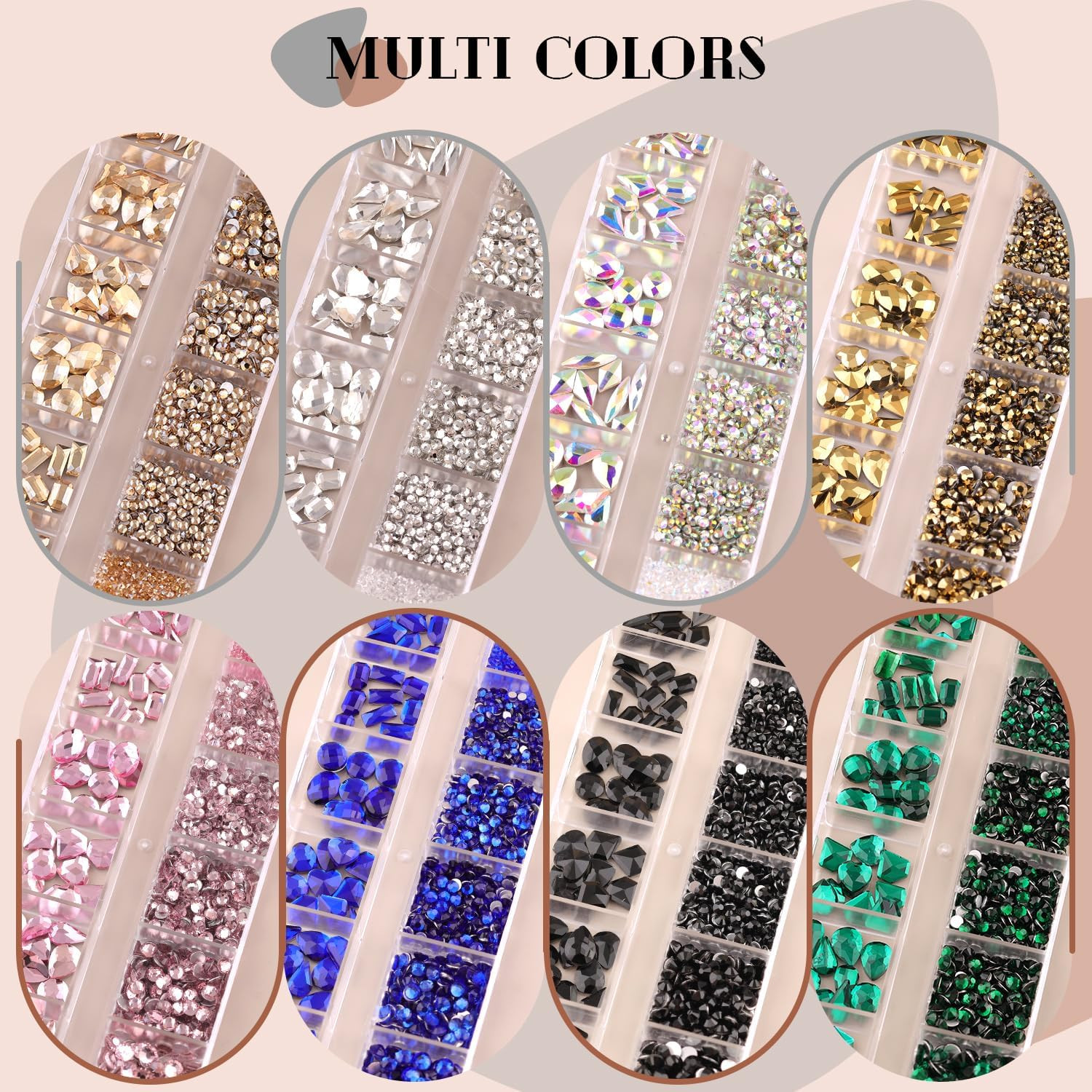 3100Pcs Champagne Gold Nail Rhinestones Kit, 1.5-3Mm Mini Nail Gems + Multi Shap