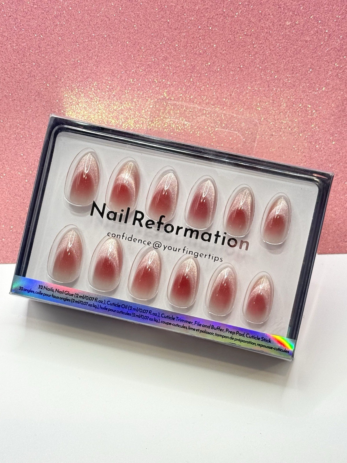 Nail Reformation 32 Press On Nails Almond Rosy Red Aura Cat Eye Shimmer