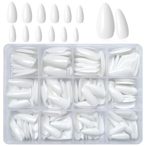 240pc Short Almond White Press on Nails Colored Fake Nail Tips Full Snow White