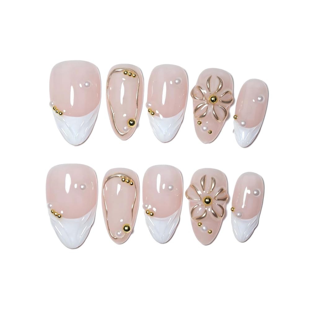 EasierGlow Nails 1TA02 Nude Gold Flower Pearl S