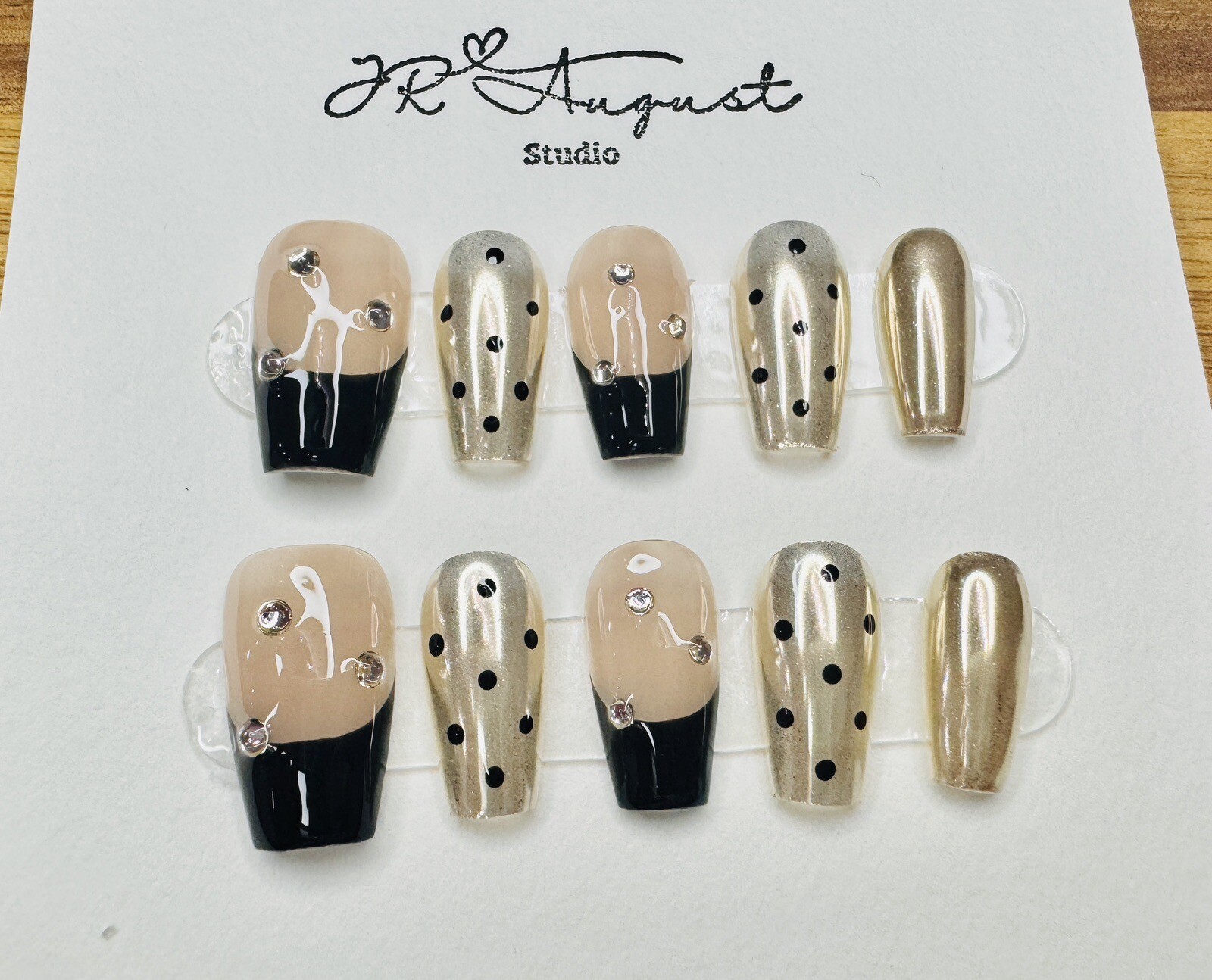 Press on nails Handmade polka dots and diamond tan & gold medium coffin XS S M L