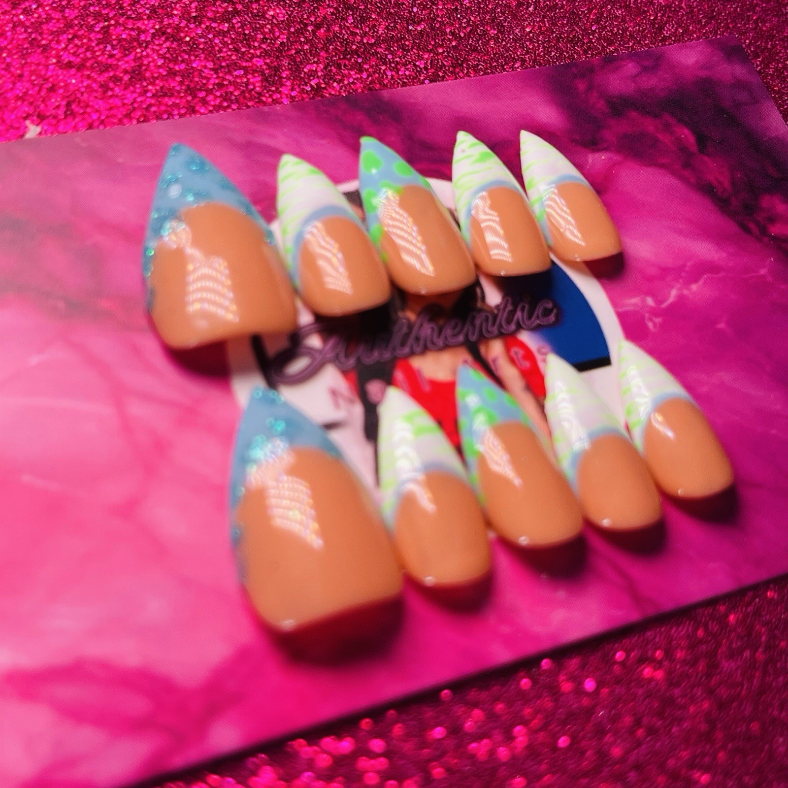 Authentic Nail Arts by Dia Long Stiletto Press-On Nails Nude Blue Green Glossy