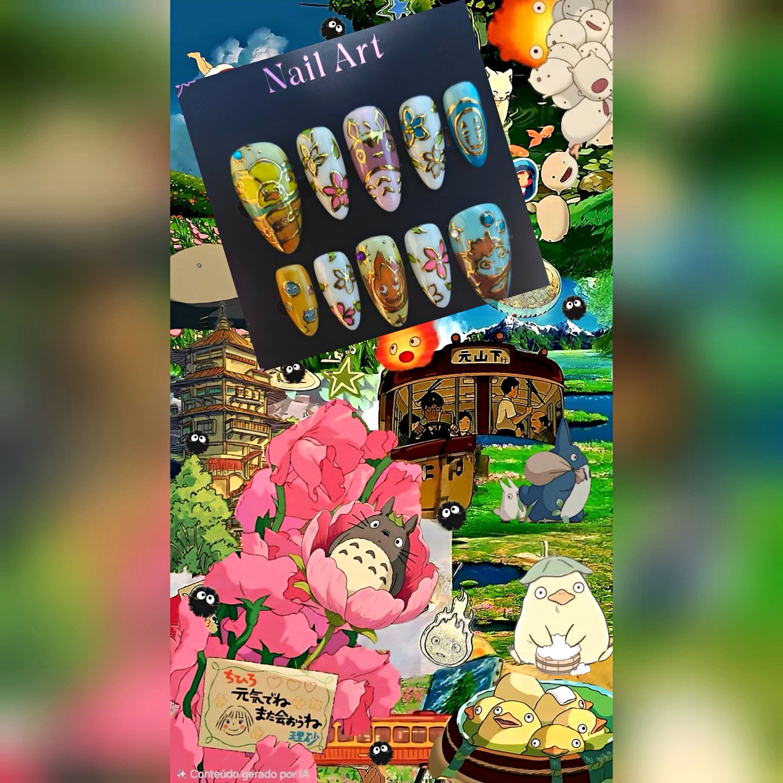 Handmade PressOn Nails Form Almond Size M Design Studio Ghibli