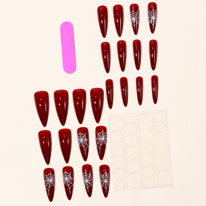 48P Burgundy Spider Web Almond Press on Nails, Gothic Halloween Party Fake Nails