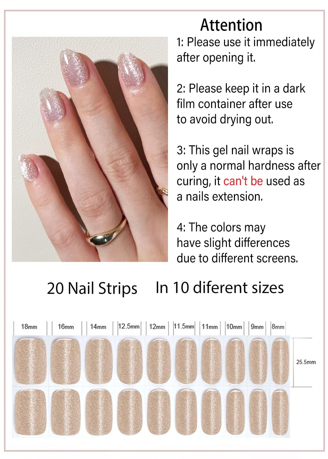 UV Nail Stickers, Nude Cat Eye 20pcs Semi Cured Nail Strips, Wraps for Home M…