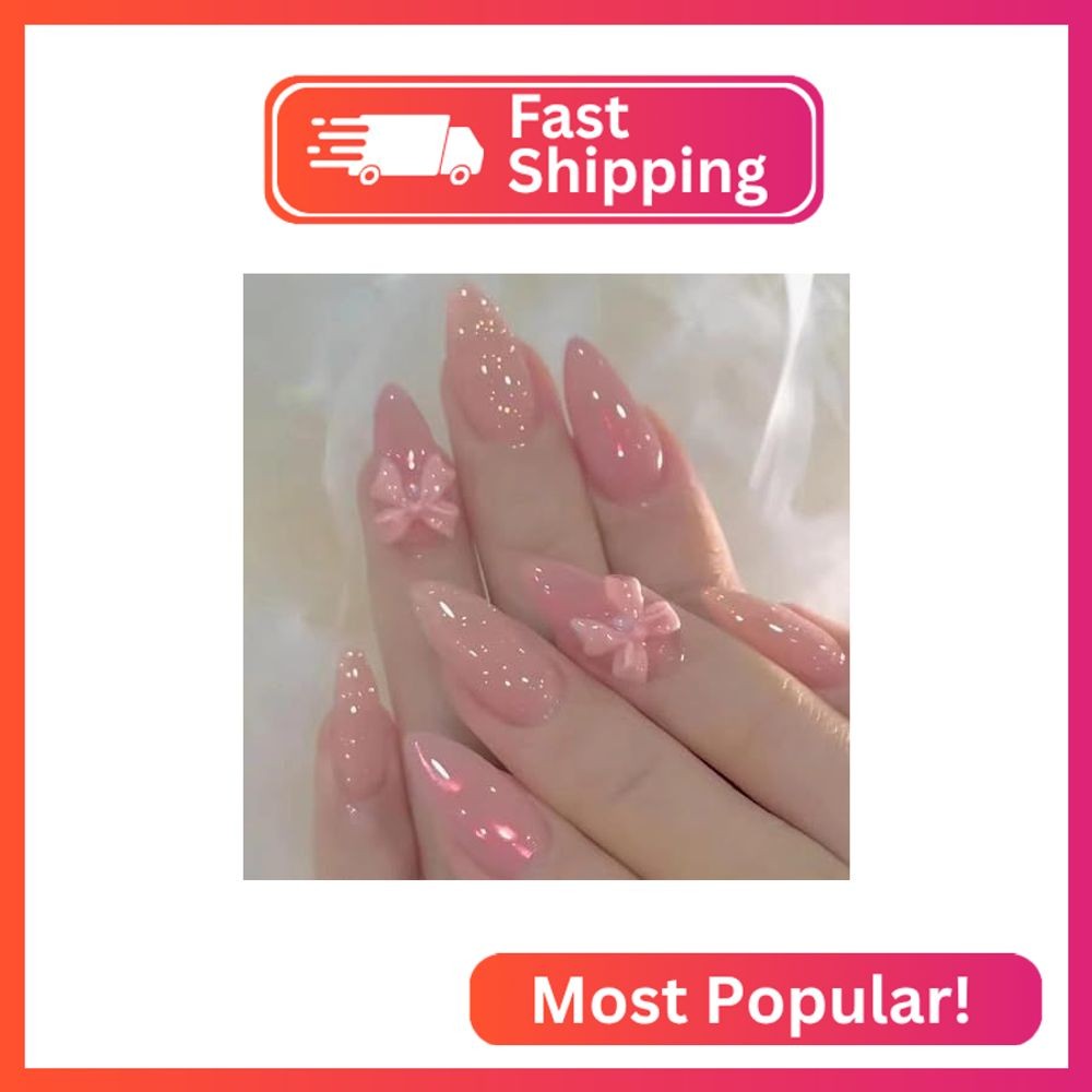 Enppode Almond Press on Nails – Medium French Tips Pink Glossy Full Cover Nails