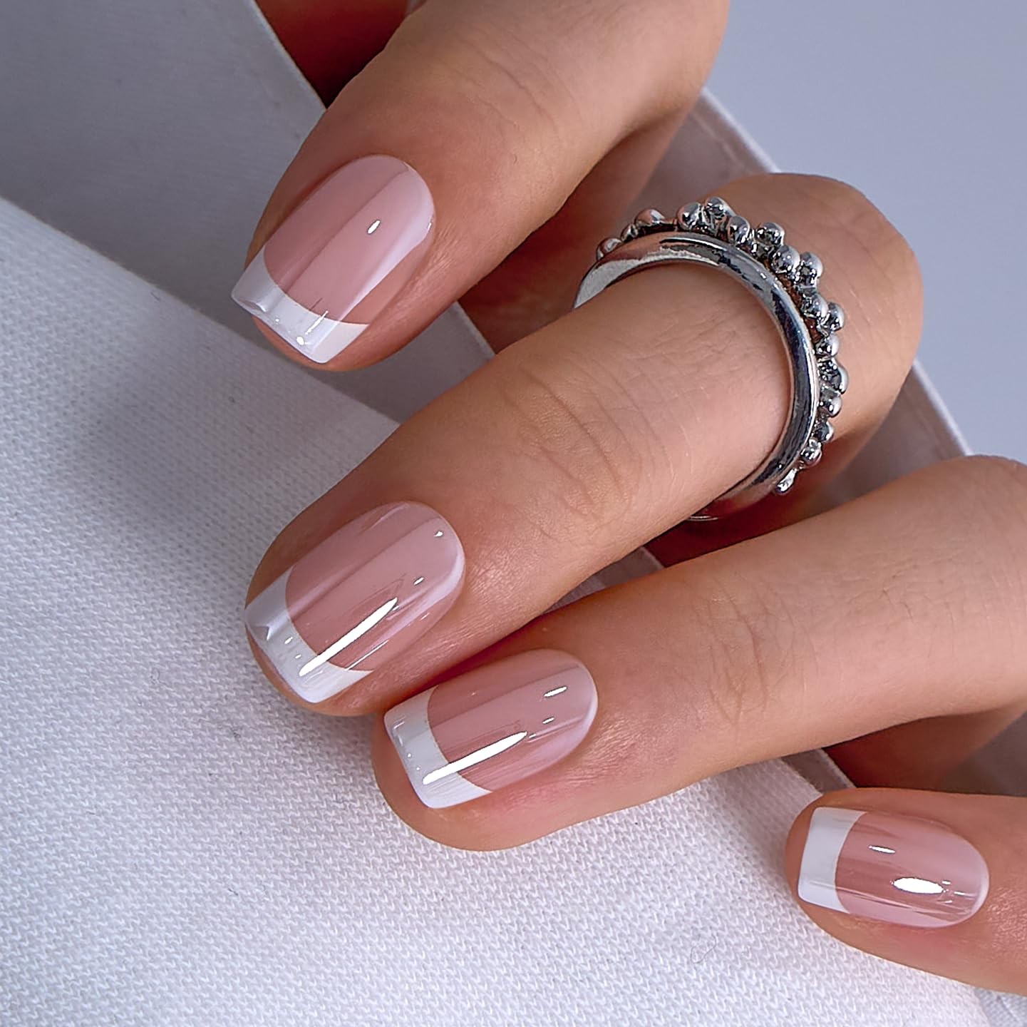 Soft Gel Short Press on Nails Square French Fake Nails with Design Full Cover…