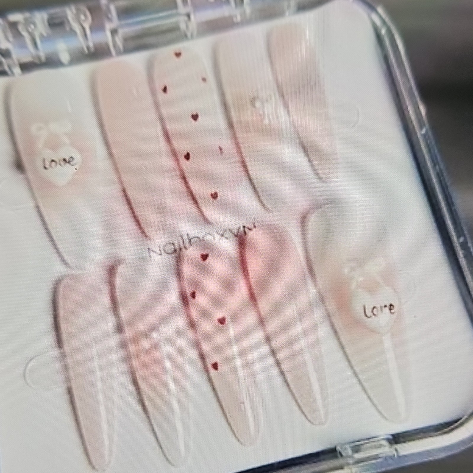 Pink White Shiny Coffin Long Full Cover Press-On Nails, Heart Love Design
