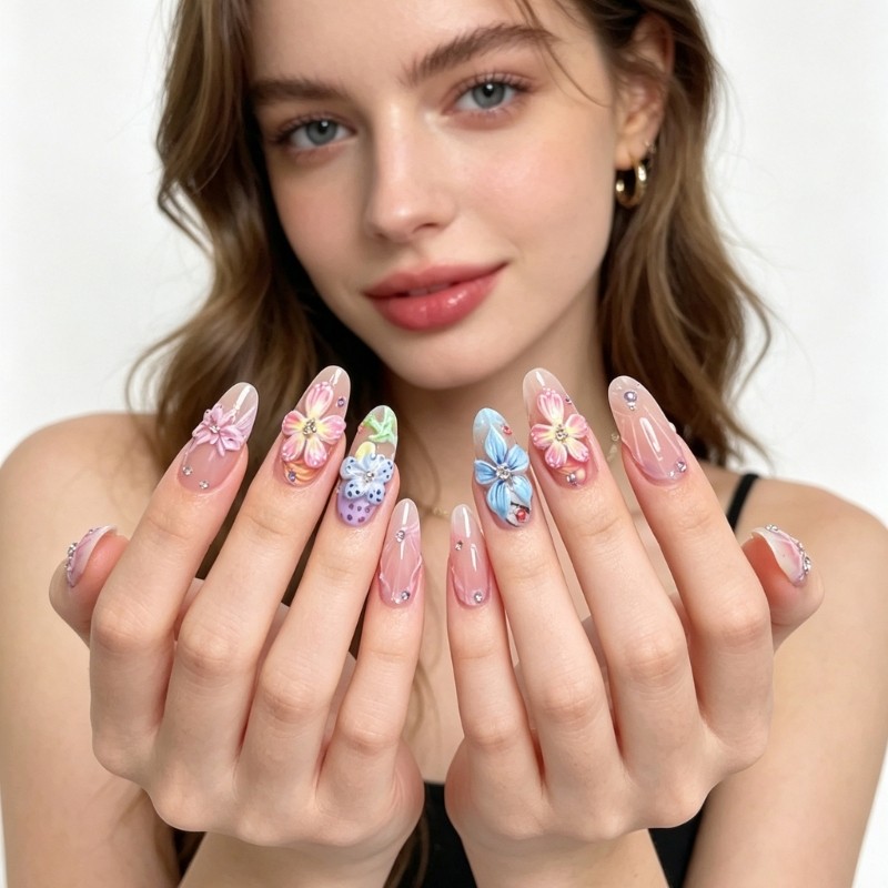 30 Piece Press-On Set in Pink Gradient Floral Style for Home Use
