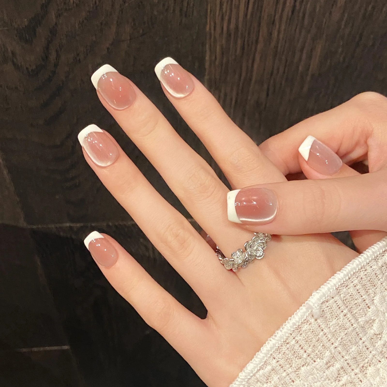 10Pcs Handmade French Cat Eye Press on Nails Ins Simple Nude Pink Sweet Girl Fak