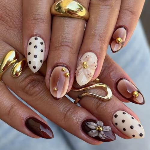 Luxury Brown Cream Press On Nails Medium Almond, Polka Dot and Gold Beads Fake