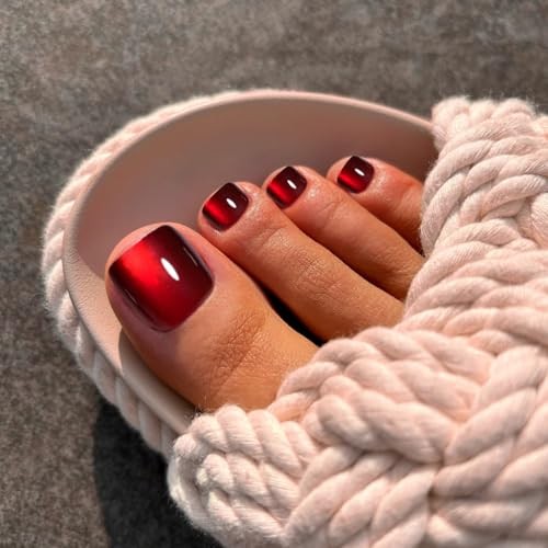 Dark Red Cat Eye Press on Nails Toenails Set, 30Pcs Short Almond Wine Burgundy