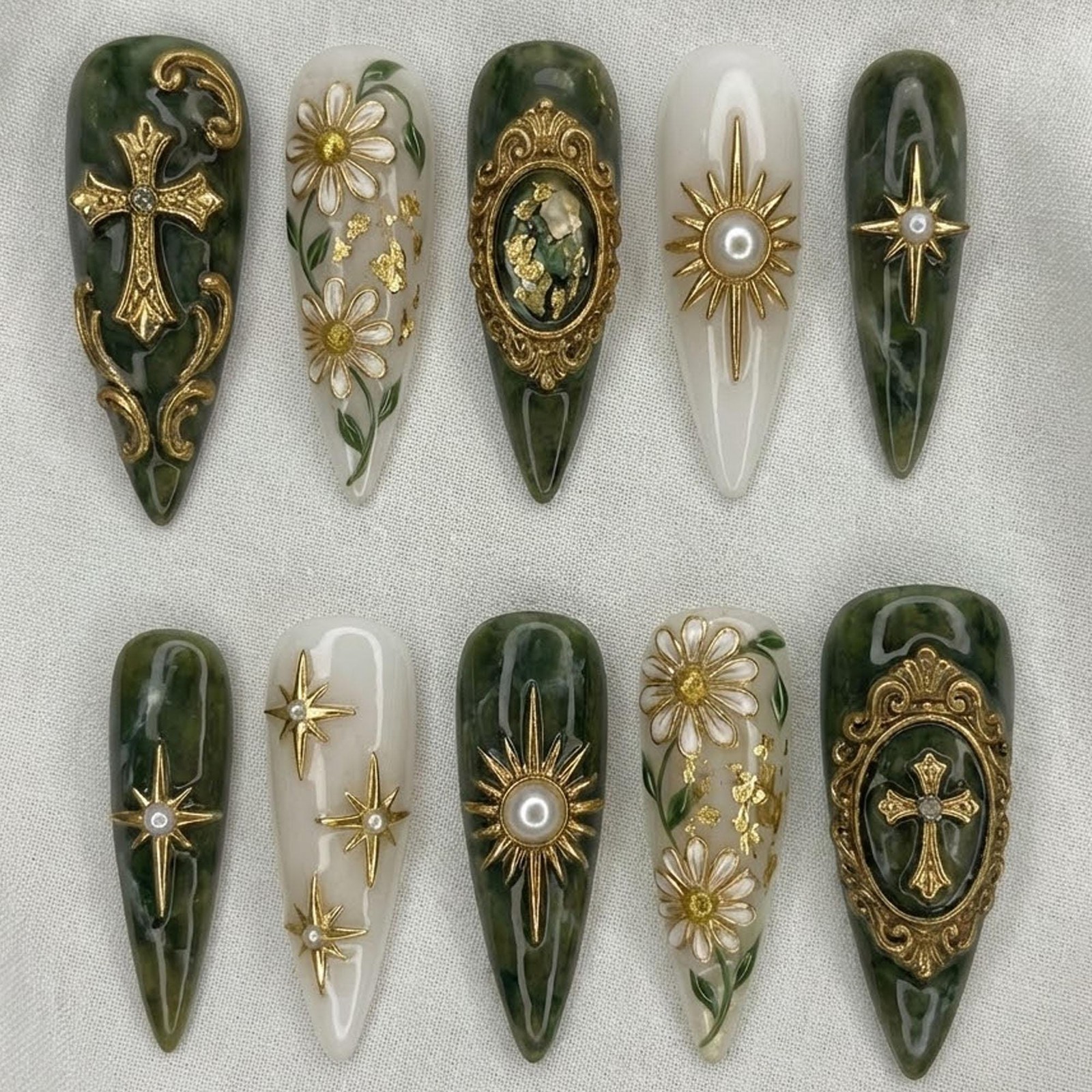 Handmade Custom Vintage Dark Green Marble Daisy Cross Star Almond Press on Nails