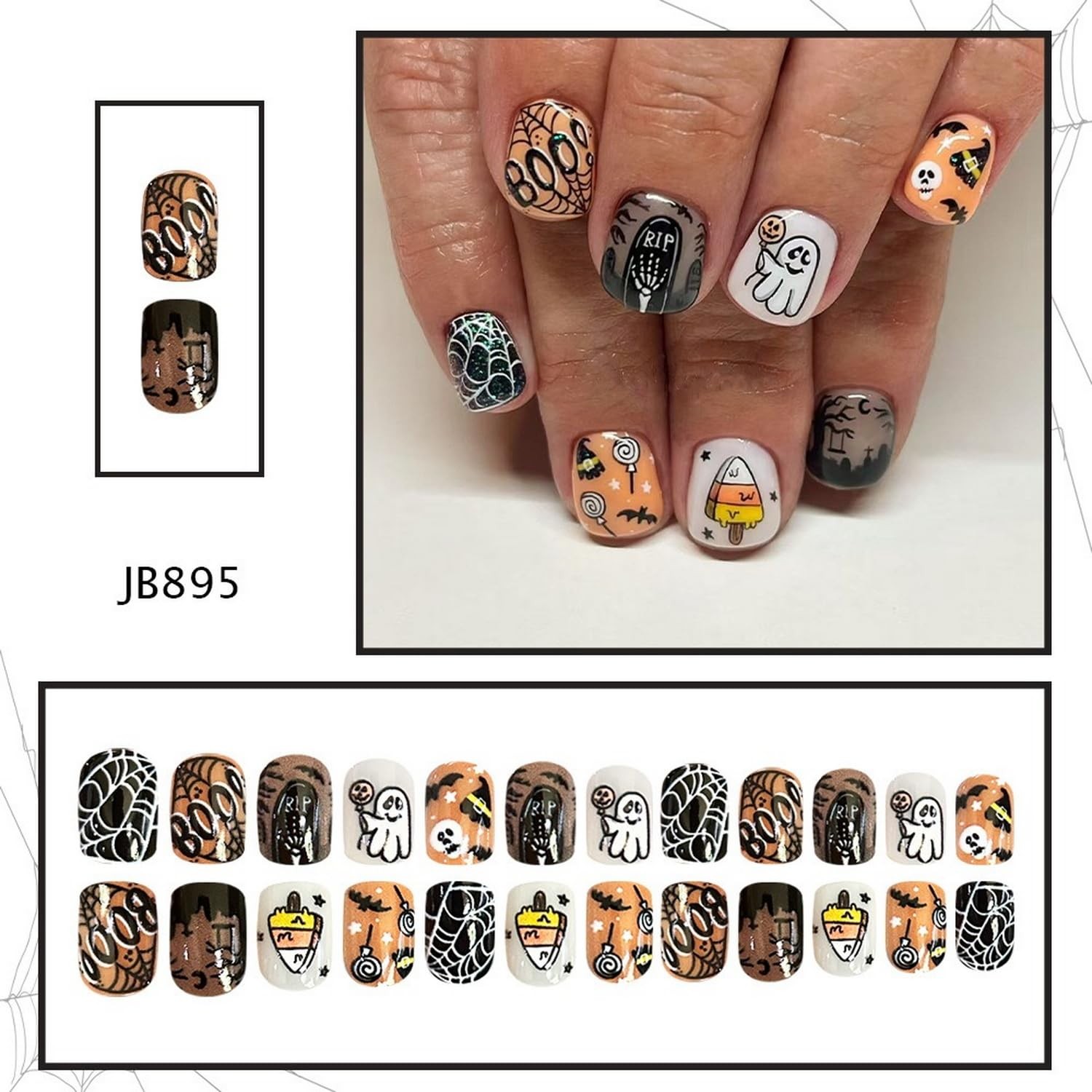 Halloween Press on Nails Orange Full Cover Spider Web Cute Little Ghost Pumpk…