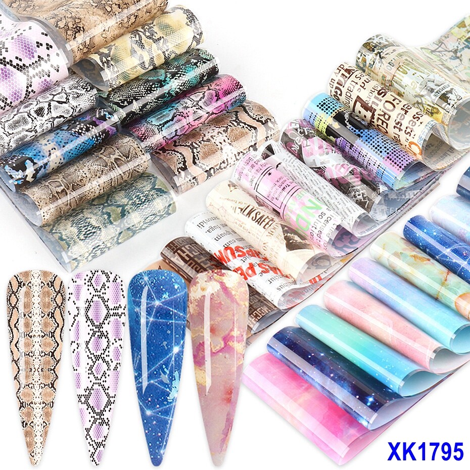 50Pcs 20X4cm Snake Flower Nail Foil Transfer Sticker Butterfly Newspaper Marble
