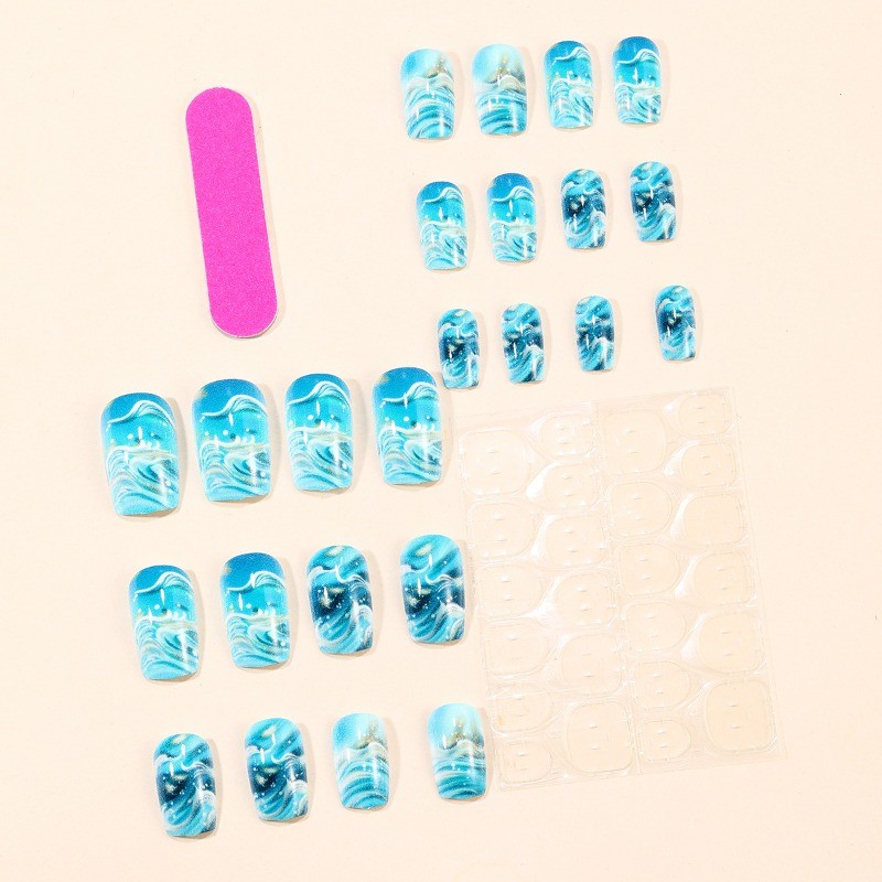 48 Pieces of European Square Light Blue Wavy Patterned Removable Fake Nails
