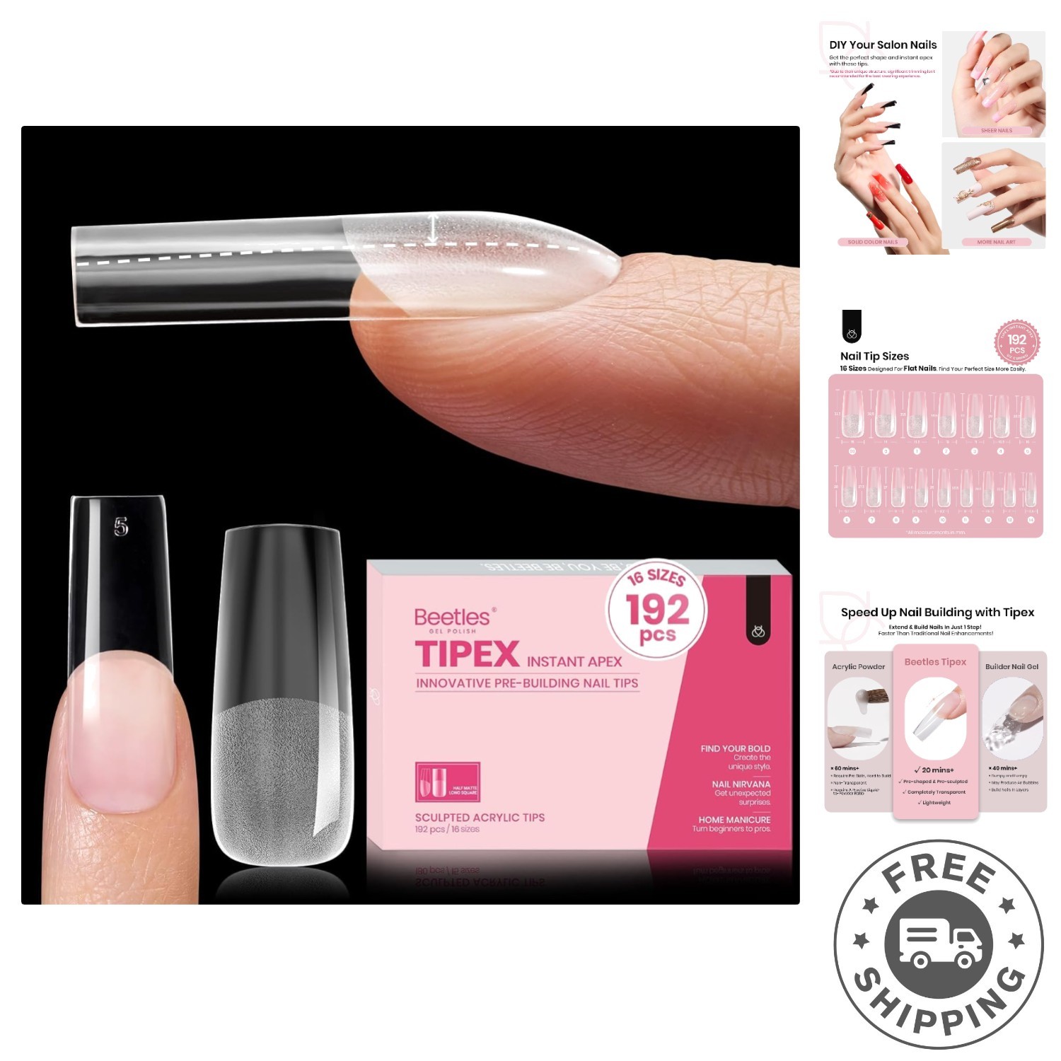 Strong Full Cover Press-On Nails – 192 Pcs Tipex Square Long Tips, Glossy Finish