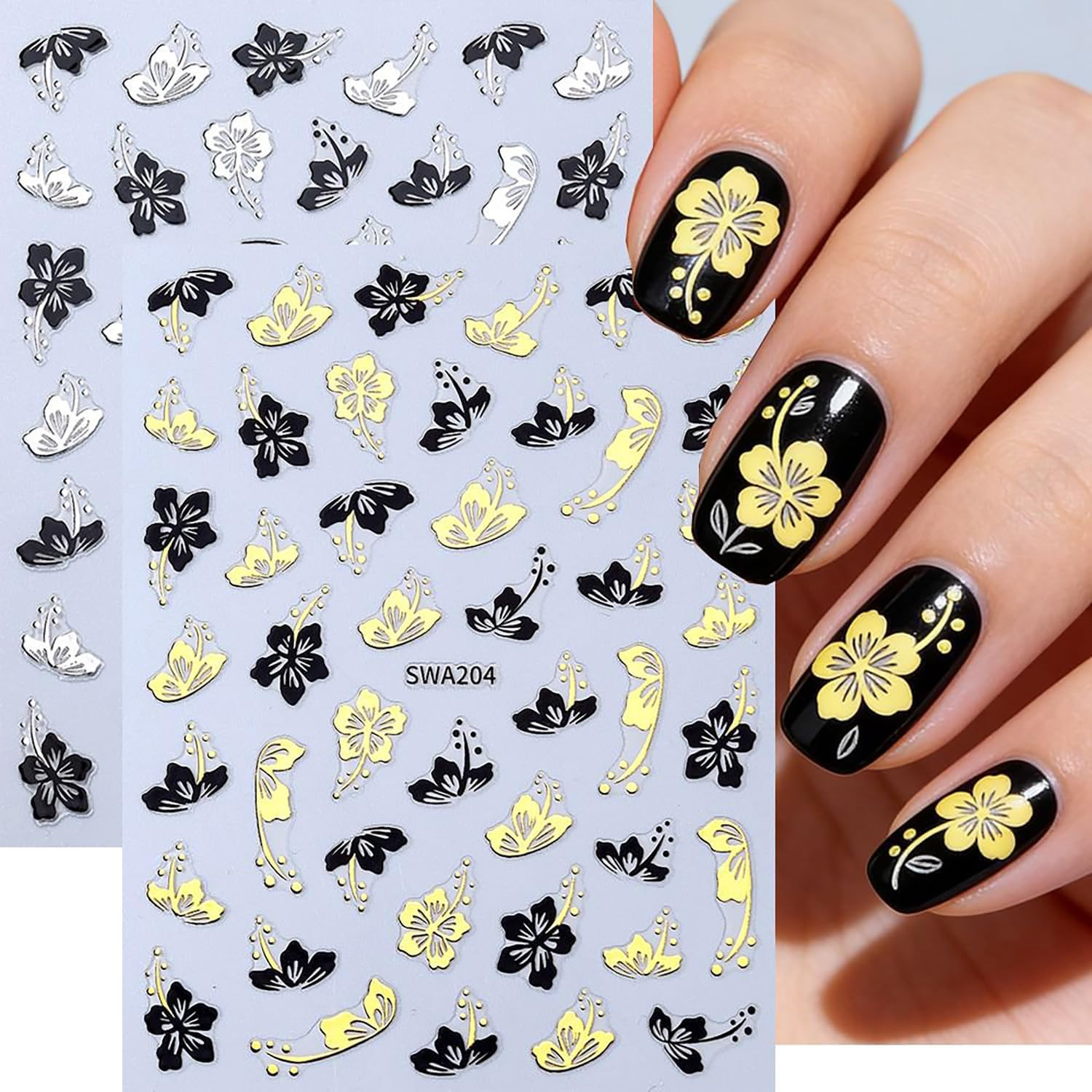 6 Sheets Flower Nail Art Stickers 3D Self -Adhesive Hibiscus Nail Decals Hologra