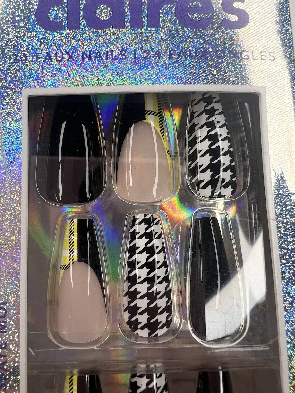 24pc Claire’s Fake False Press On Nails Glue On Vegan Houndstooth Coffin