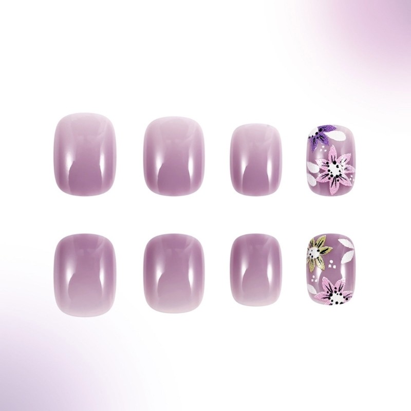 24 Pieces Short Square False Nail Purple Floral Designs Full Cover Nail Set